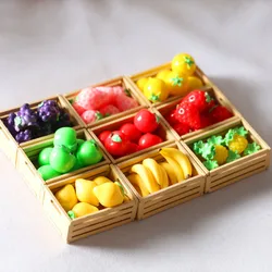 Simulação Fruta com Moldura de Madeira, Fruta, Banana, Morango, Maçã, Decoração de Cozinha Brinquedos, Dollhouse, 1:6, 1:12 Escala