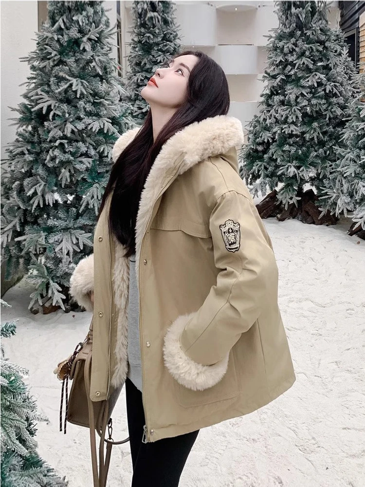 

Женское вязаное зимнее пальто с капюшоном и подкладкой из меха ягненка, корейское повседневное свободное пальто из полиэстера