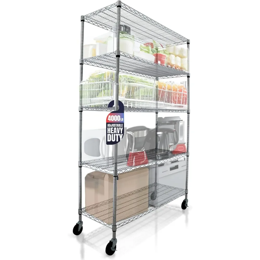 

4000 LBS, Metal Shelves for Storage with Wheels, Ideal for Garage Shelving, 5 Tier Wire Shelving Rack for Kitchen Storage,