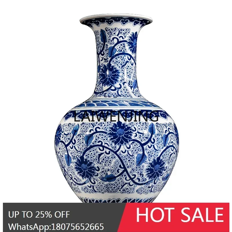 LYN Jingdezhen ceramics blue and white tangled lotus large vase flower arrangement home entrance ornament