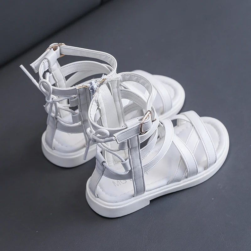 Girls Sandals 2022 Summer Kids Gladiator Sandals Boots Back Bow Roma Shoes Narrow Band Princess Shoes For Child Baby Black white