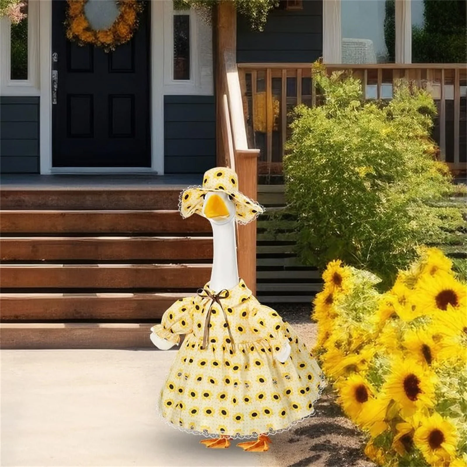 Porch Goose Outfit, Floral Dress with Hat Holiday Goose Statue Clothes Garden Decoration view 3