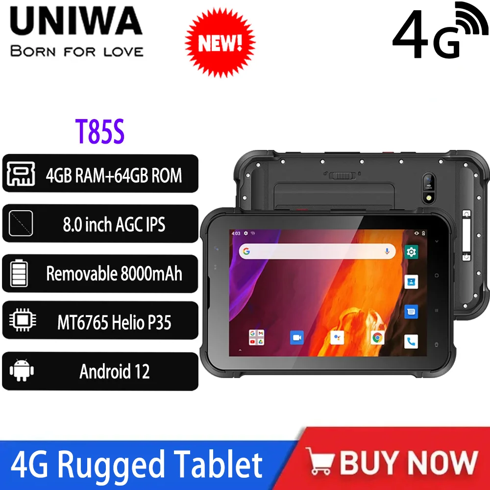 UNIWA T85S 8 Inch Kiosk Mode 4G Rugged Tablet PC 4GB+64GB IP67 MT6765 Helio P35 Android 12 2D 1000 Nits Screen Optional NFC GPS