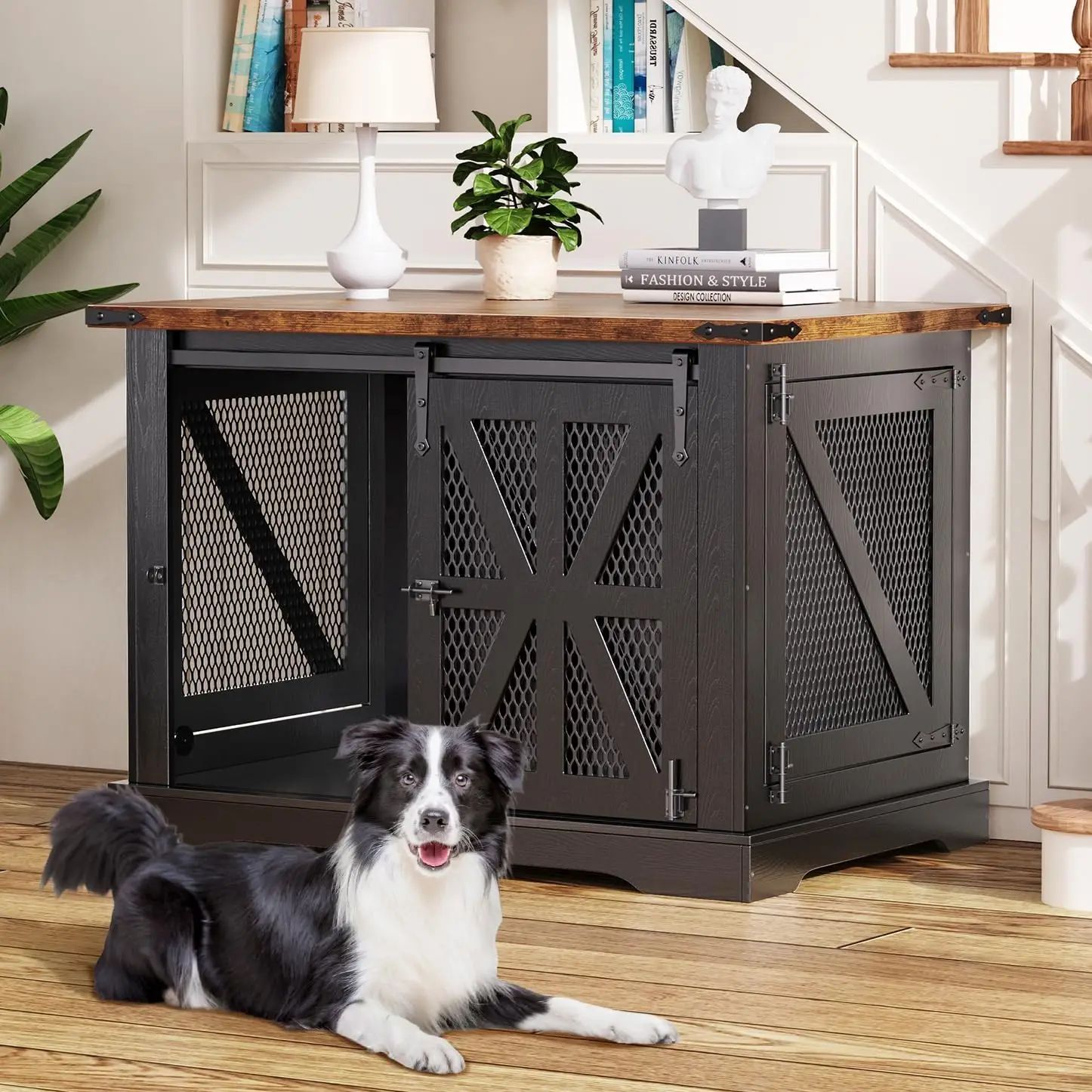 Indoor Bedroom and Living Room Use, Wooden, Black, Heavy Duty Farmhouse Dog Crate with Double Doors and Chew Resistance