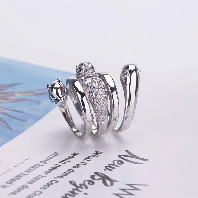 Europe America Fashion New Style Men Women Lady Inlaid Cubic Zircon Four Leopard Heads Silver Color Ring Size US6-US9 image 3