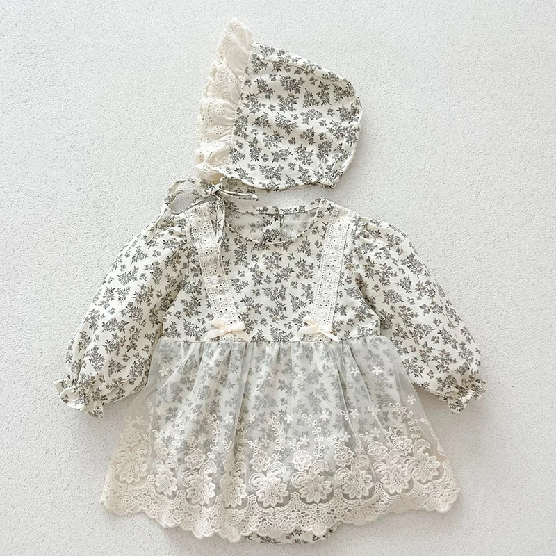 

2024 New Autumn Baby Clothing Infant Baby Girls Jumpsuit Long Sleeved Cotton Print Lace Splicing Toddler Baby Girls Romper+Hat