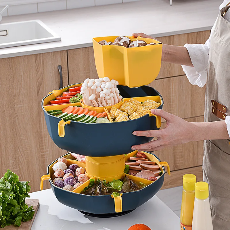 Rotating hotpot dish multi grid vegetable platter fruit basket household kitchen accessories multi-layer plastic drain basket