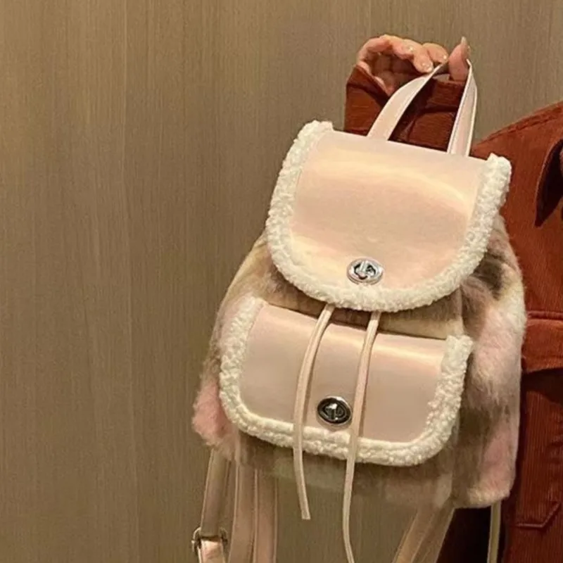 Retro Plush Soft Leather Backpack Plaid Preppy Style Large Capacity Daypack Ladies Commuter Woolen Patchwork Mochilas Mujer 2025 view 3