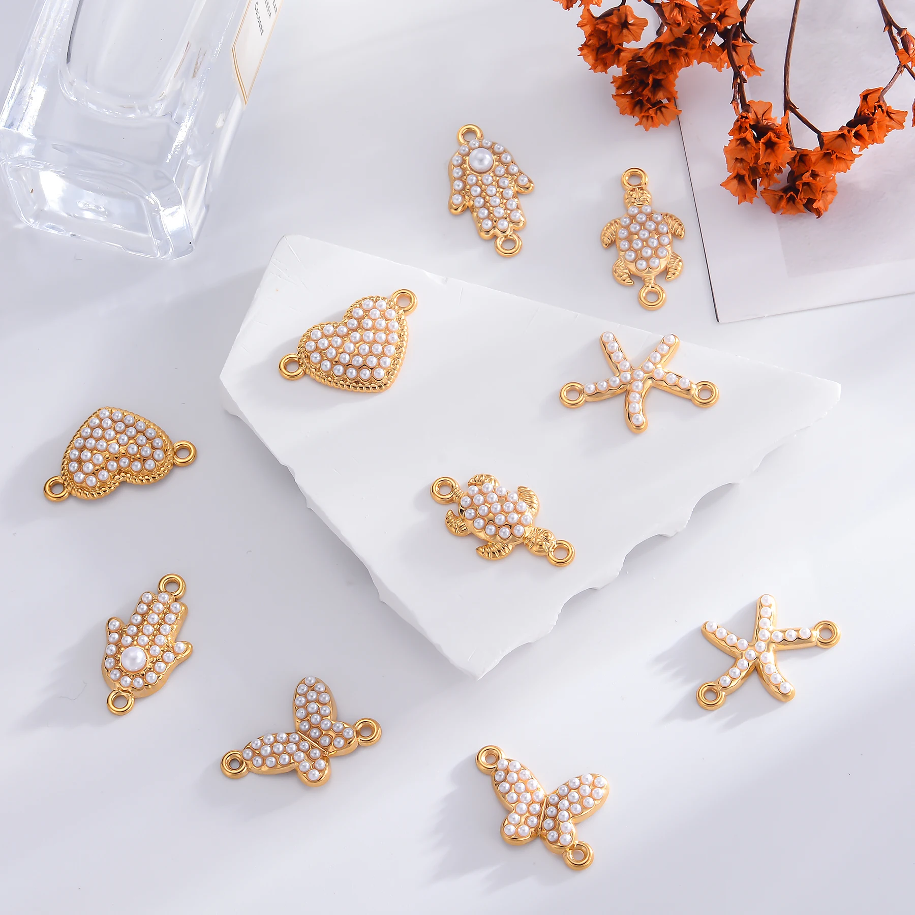 4 Stück/Set Edelstahl-Verbindungsstücke mit zwei Löchern, Schmetterling, Herz, Seestern, Hamsa-Hand-Anhänger für DIY-Halsketten, Armbänder und Schmuckherstellung – Detail 3