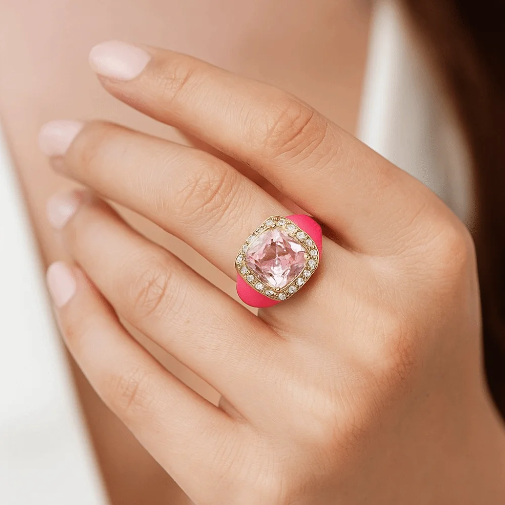 Adjustable Enamel Dripping Oil Ring Gold Plated Rhinestone Zircon Open Ring Punk Style Multicolor Geometric Square Ring Jewelry