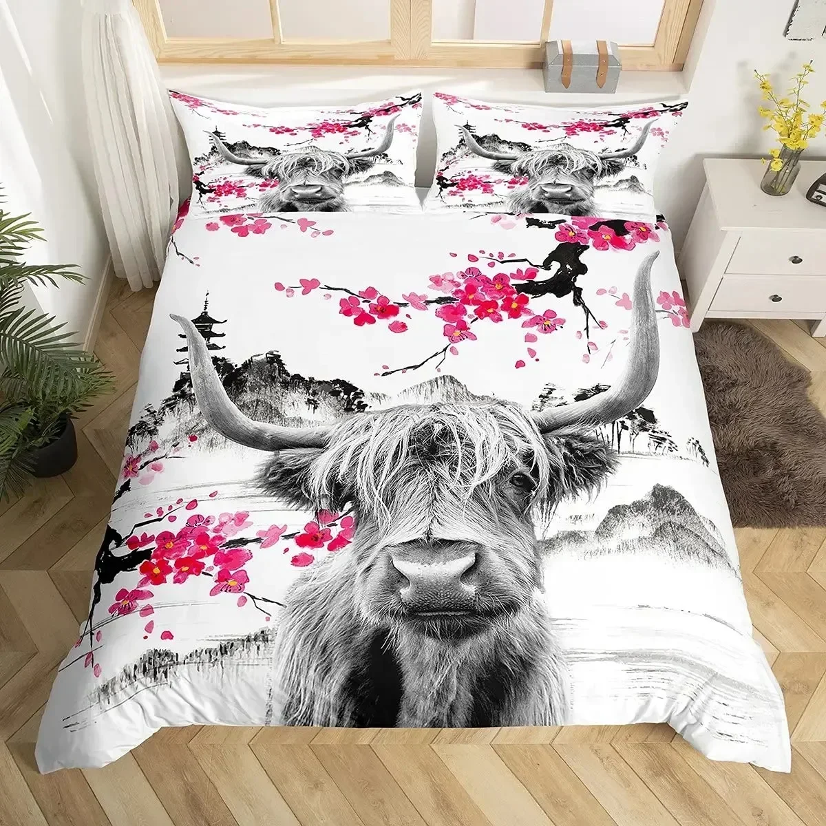 Highland Cattle Floral Cow Yellow Sunflower Animal Bedding Set Boys Girls Twin Queen Duvet Cover Pillowcase Bed Kids Adult