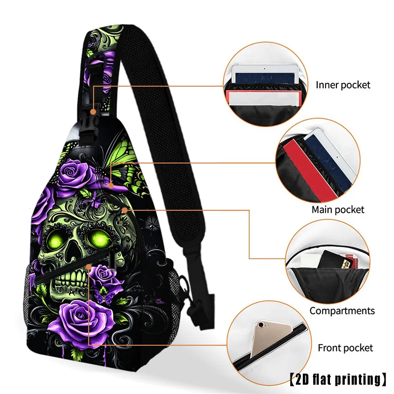 Skull Flower Women'S And Unisex Adjustable Crossbody Chest Backpack - Folding Large Capacity Compact Travel Pack