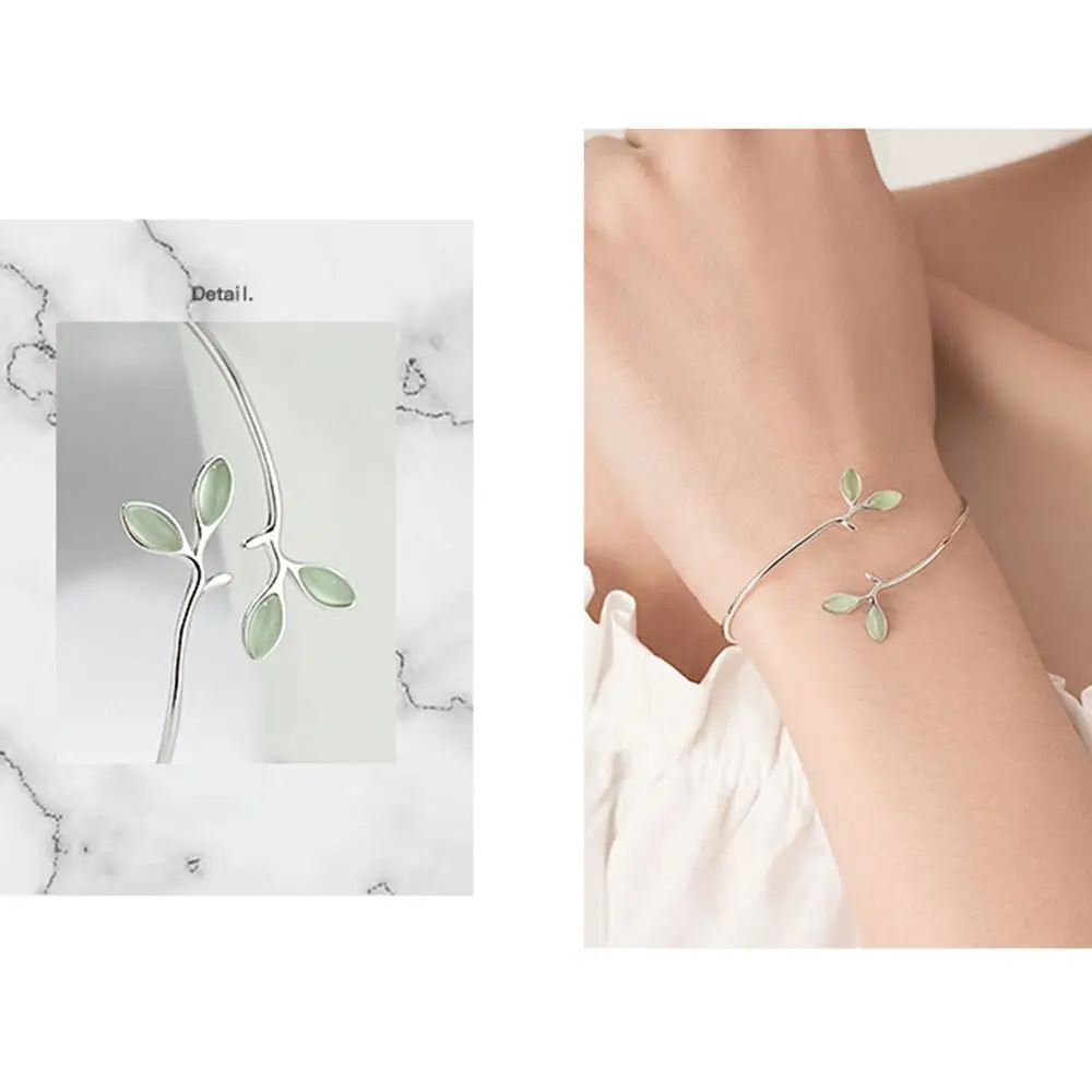 Korean Style Delicate Green Leaf Cuff Bracelet Girls Jewelry Gift Open Bangle Bracelet Women Bracelet Adjustable Bangle