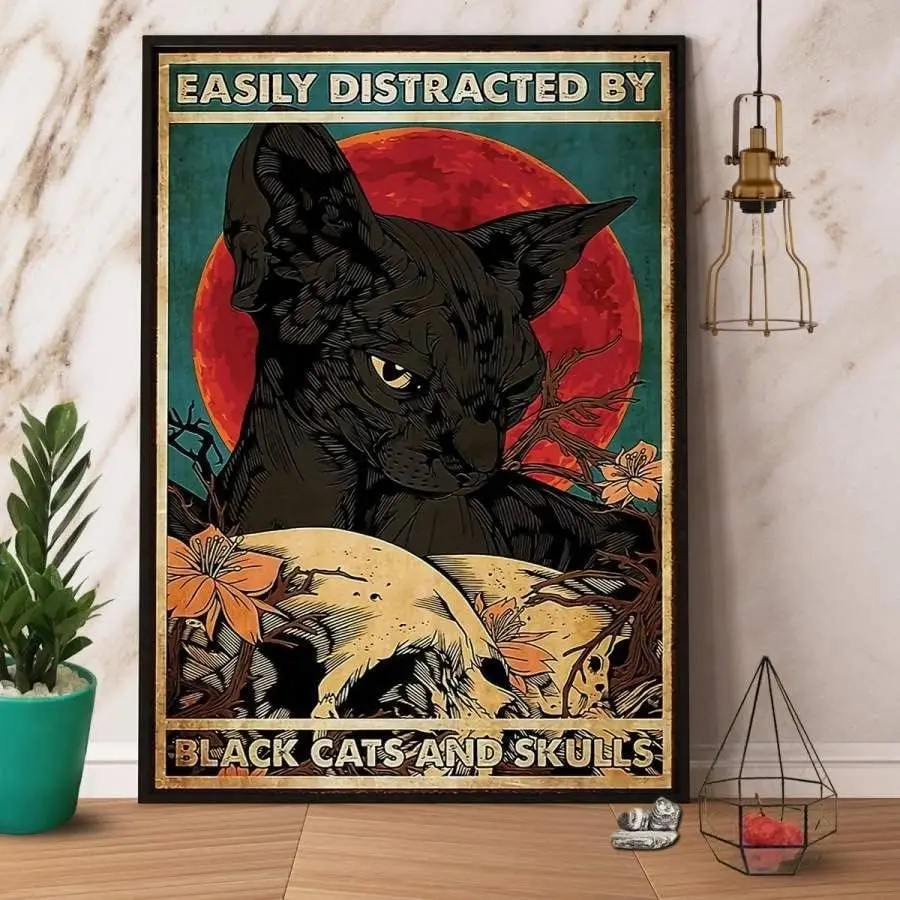 EASILY DISTRACTED BY BLAcK CATS AND SKULLS Metal Tin Sign Vintage Chic Metal Poster Wall Decor Retro Bar Wall Art metal signage