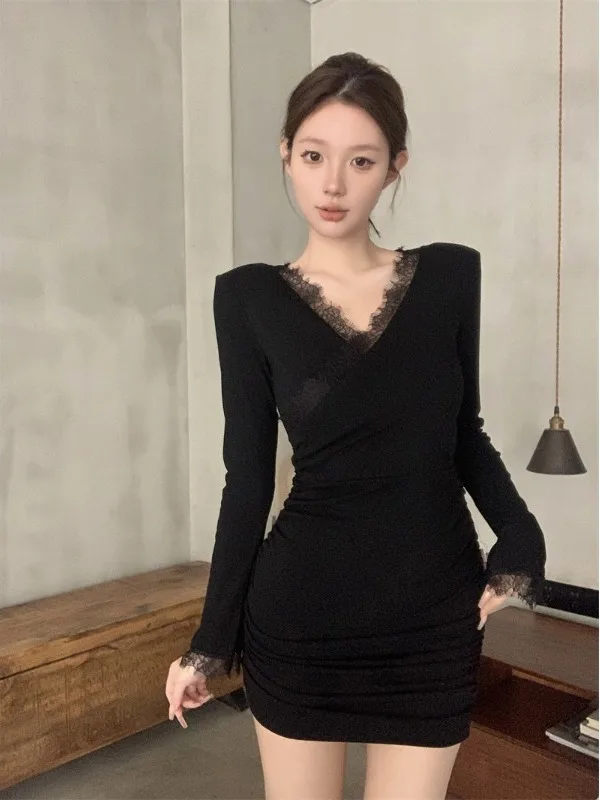 

Autumn Winter Warm Sexy V-ne Lace Pleated Bodycon Skirt Slim Fit Velvet Cross Long Sve Waist Cinched Dr Base Skirt