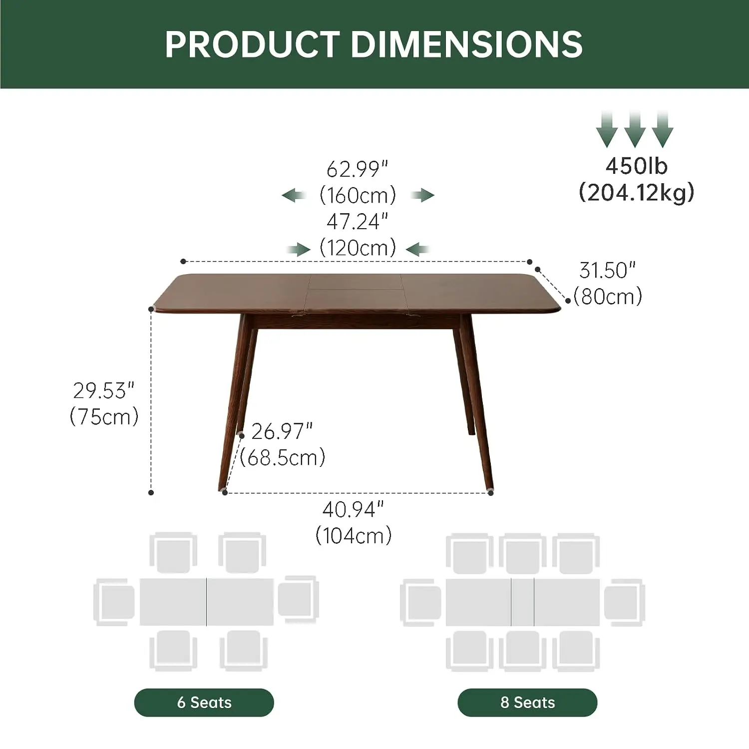 47’’-63’’ 100% Oak Extendable Dining Table, Solid Wood Folding Kitchen Table, Mid Century Modern Dinner Table for, Customized