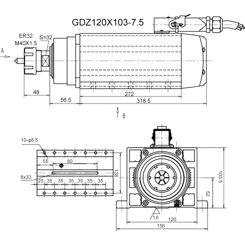 7.5kw ER32 Flanged Square Air Cooled Spindle 600Hz 18000RPM With Junction Box For CNC Milling Machine Engraving Milling