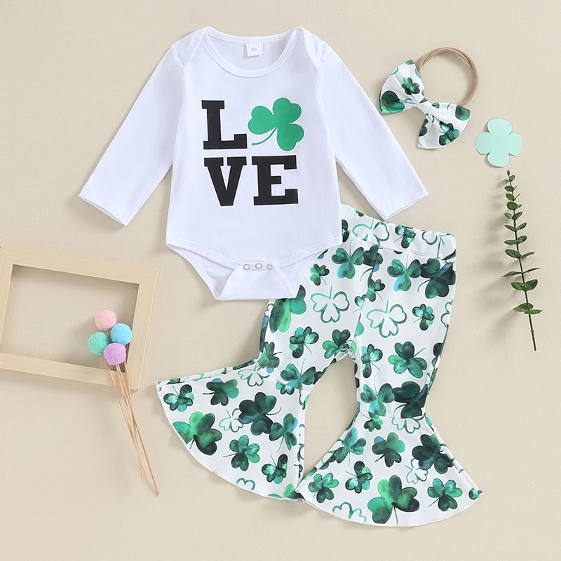 Baby Girls St. Patrick 's Day Outfit Clothes Shamrock Letter Print Long Sleeves Romper Elastic Flared Pants Headband Set Costume