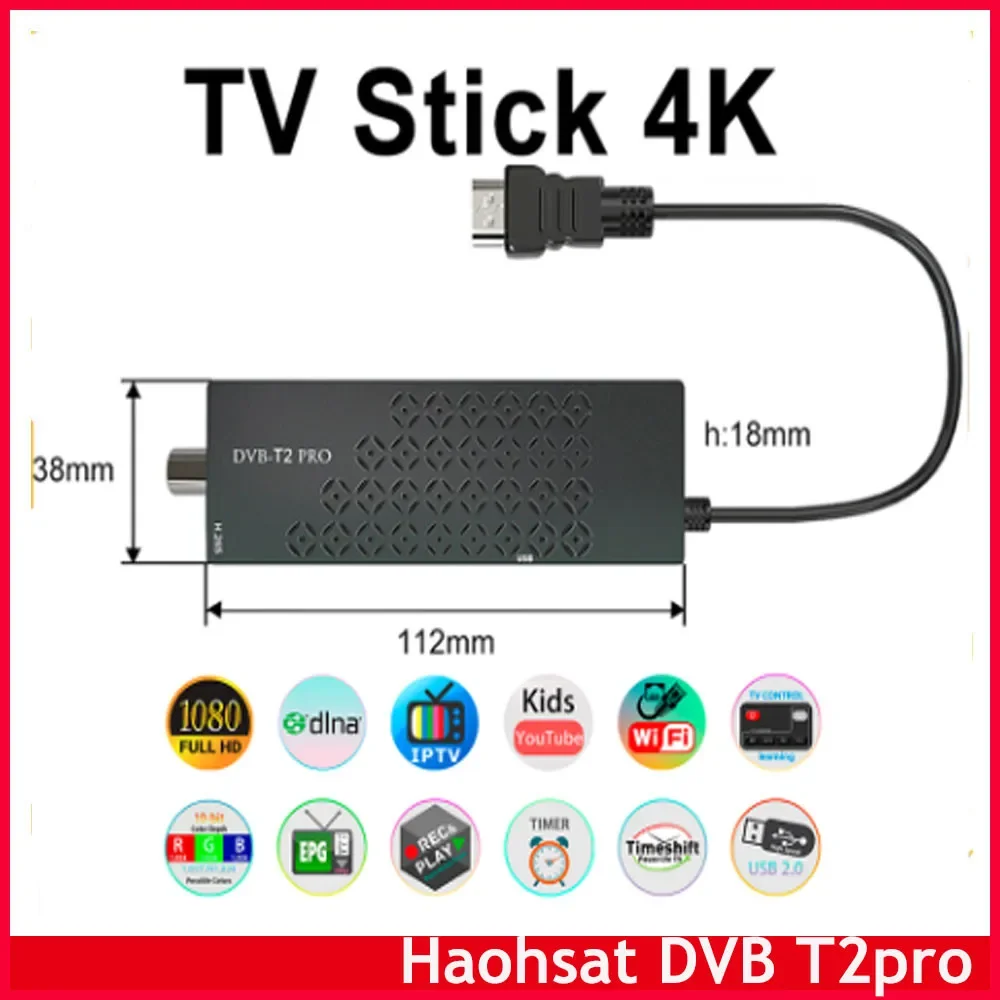 Haohsat DVB-T2Pro TV Stick 4K HEVC DVB Digital Terrestrial Decoder DVB T2 TV HD Tuner H.265 WIFI Set-Top Box DVB C T2 TV Stick