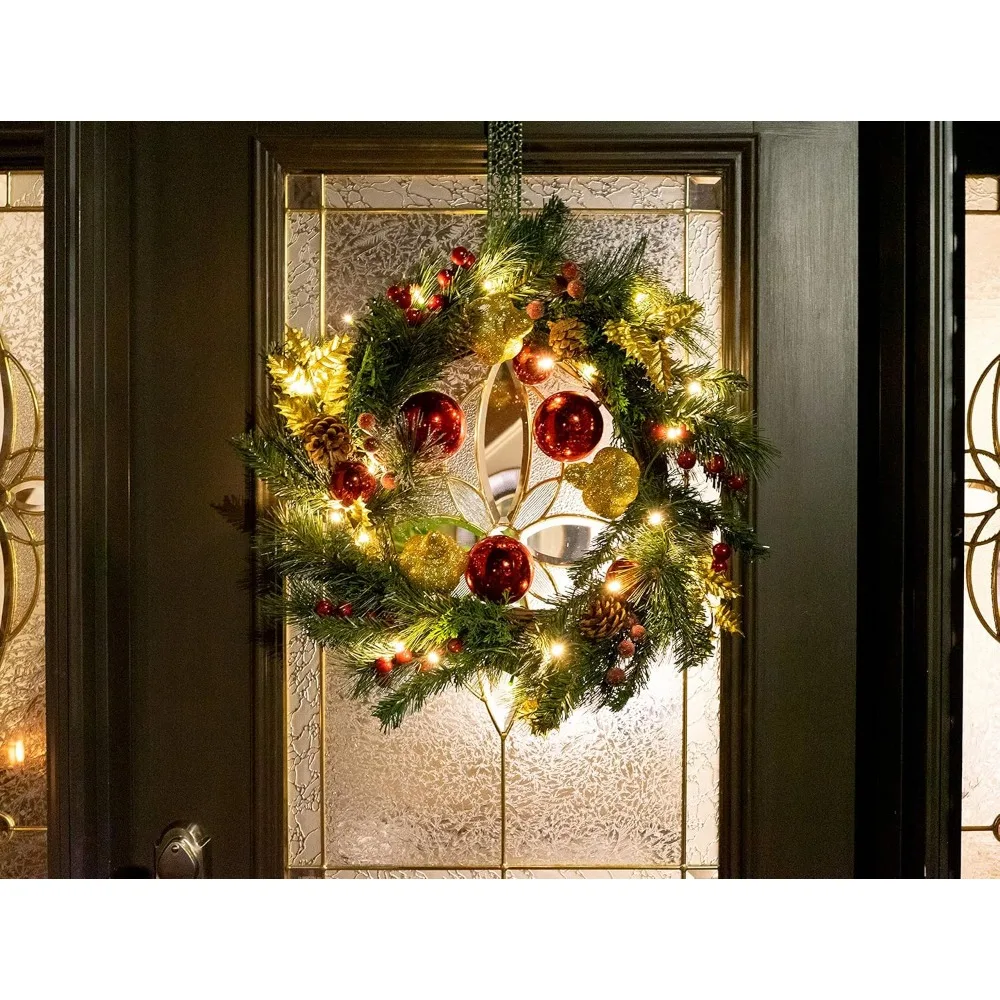 30” Light-Up Christmas Wreath with Red & Gold Ornaments, Battery-Operated LED Lights with Timer