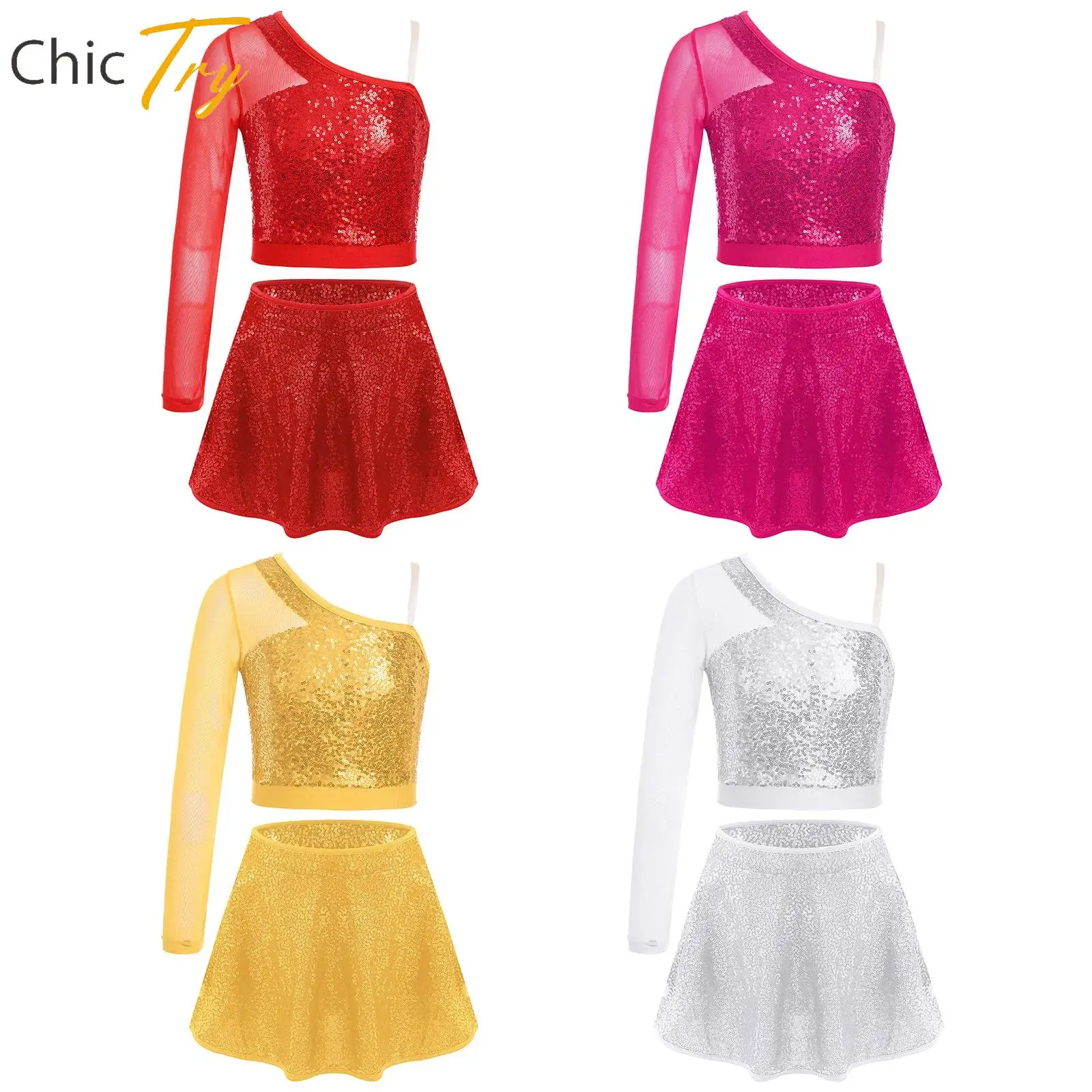 

Girls Jazz Latin Dance Costume Long Sleeve One Shoulder Crop Top+Sequins Skirt Sets Kids Performance Clothing Shiny Dancewear