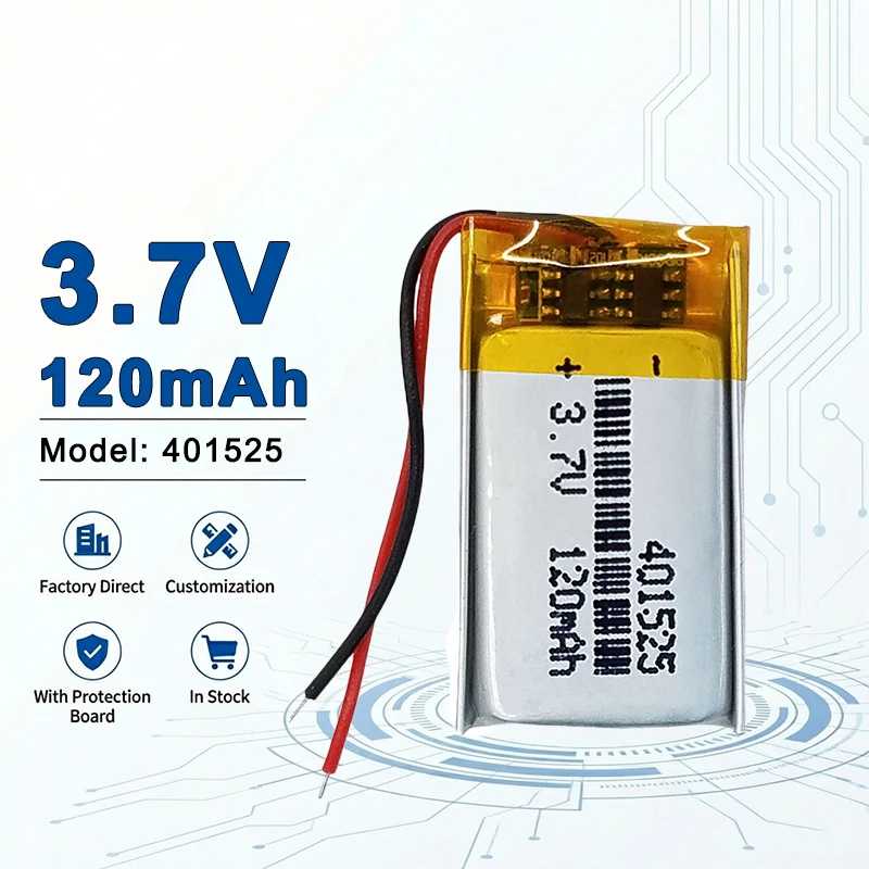 

Литий-полимерный перезаряжаемый аккумулятор 401525 3.7V 120mAh с высокой плотностью энергии для небольших устройств 402030 402035 402050 402060 402248