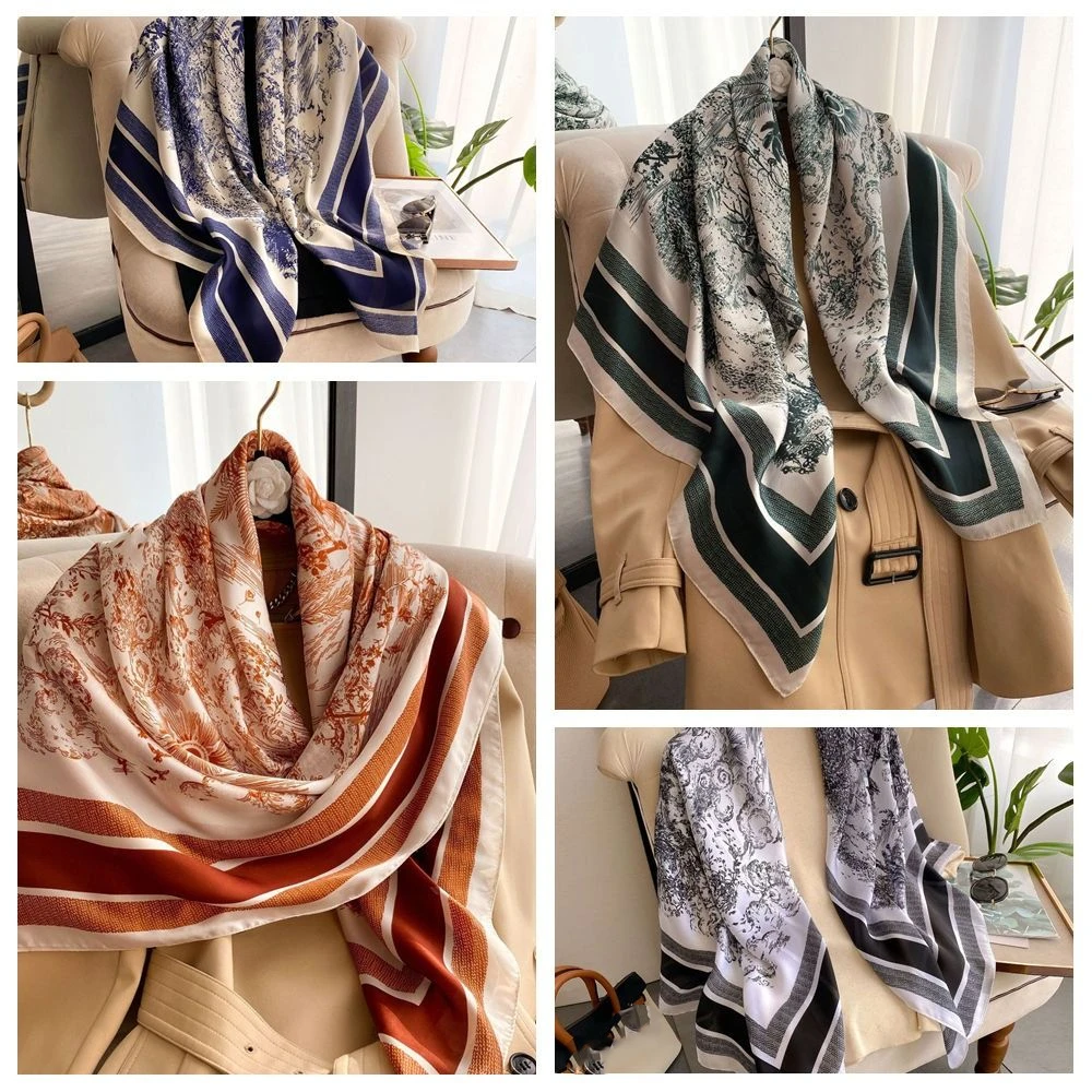 

Fashion Luxury Print Square Scarf Satin Soft Shawls Elegant 110*110cm Head Ribbon