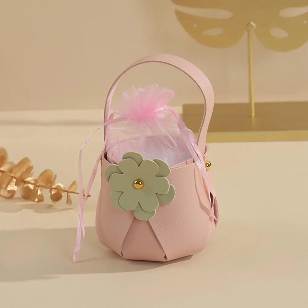 Empty Box PU Candy Leather Gift Bag Metal Petal Wedding Flower Skin Basket Ribbon Yarn Bucket Handbag Girl