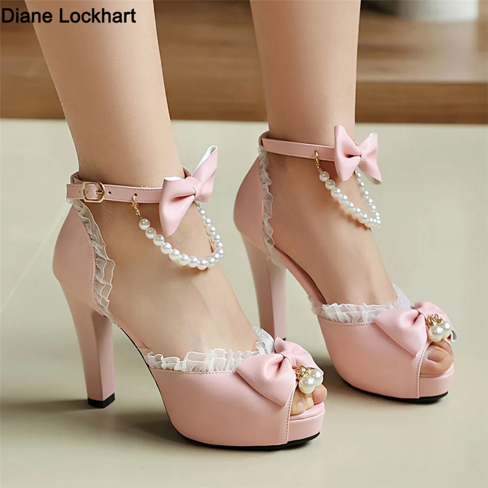 

Women Ankle strap Peep toe High Heels Mary Jane Pumps Party Wedding Cosplay White Pink Black Bow Princess Cosplay Lolita Shoes