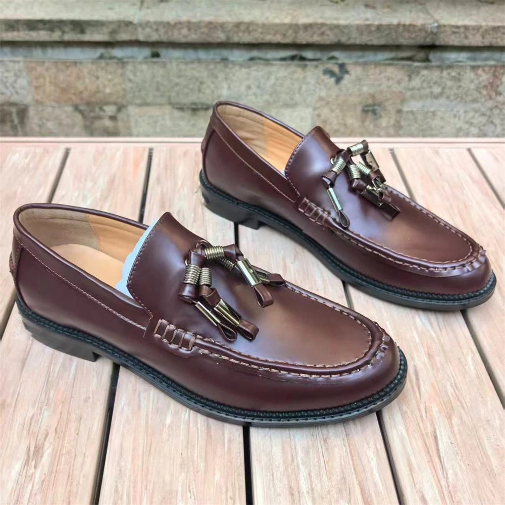 Leather Loafers Black Brown Tassel Decor Slip on Flats Low Heel Knotted Strap Spring Men Comfortable Casual Shoes for Daily Wear