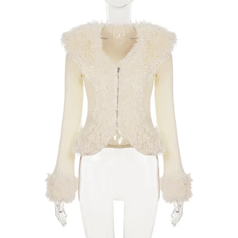 

Женское осенне-зимнее пушистое лоскутное вязаное пальто в рубчик с v-образным вырезом и длинным рукавом на молнии, эластичные тонкие повседневные кардиганы, куртки, уличная одежда