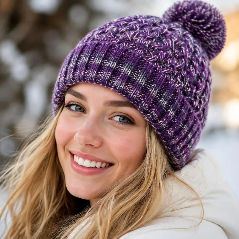 Colorful Knitted Beanie Hat Pullover Style Warm Fleece Lining Pom Pom Beanies Single Layer Knit Stretchy Fit Winter Skull Cap