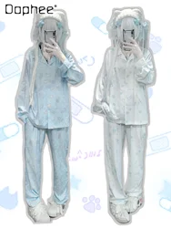 Cat Print Pajamas Two Pieces Sets Cute Long Sleeved Lapel Single-breasted Shirts Elastic Waist Pants Comfortable Homewear