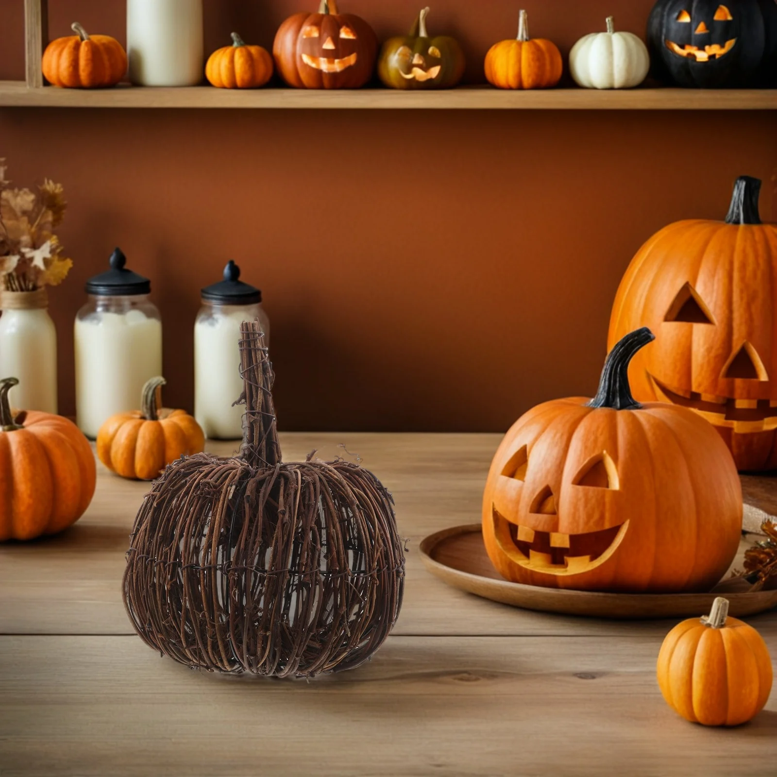 

Rattan Pumpkin Decor: Handwoven Artificial For Halloween Thanksgiving Party Desktop Table Display Festive Home Ornament