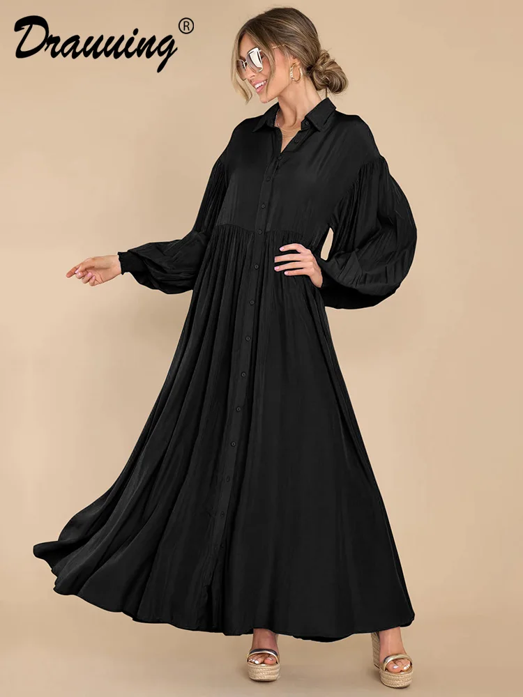 Drauuing Elegant Midi Summer Dress Lantern Full  Sleeve V-Neck Long Party Dress Office Lady A-Line Ruffle Casual Dress