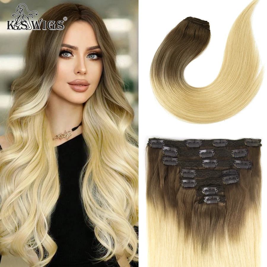 K.S WIGS Full Head Clip in Hair Extension Balayage Blonde Machine Remy Human Hair 100% Real Natural Hairpiece Clips On For Women