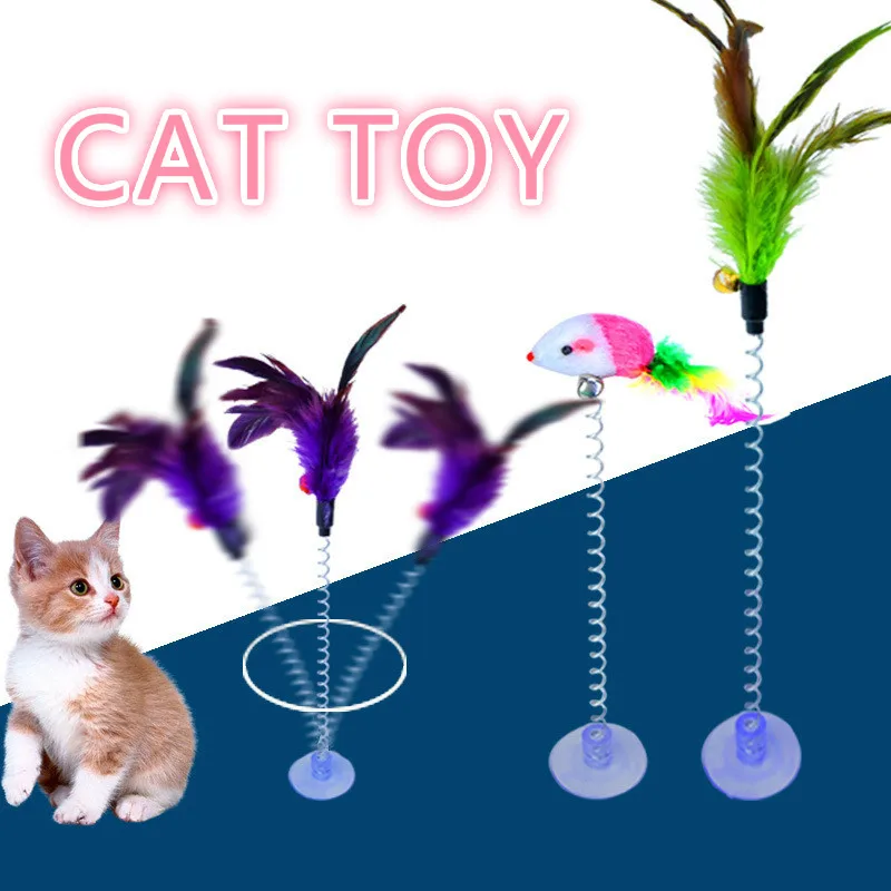 1PC Fashion Cute Funny Cat Toys Elastic Feather False Mouse Spring Sucker Toys for Cat Playing Pet Toy Training