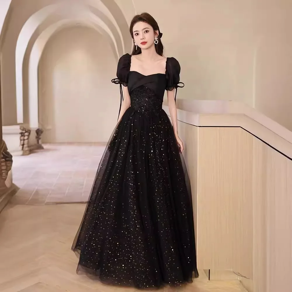 Vestido de noche negro con lentejuelas, mangas abullonadas francesas, hombros descubiertos, vestido de fiesta de cóctel, vestidos de dama de honor de boda largos elegantes con cordones