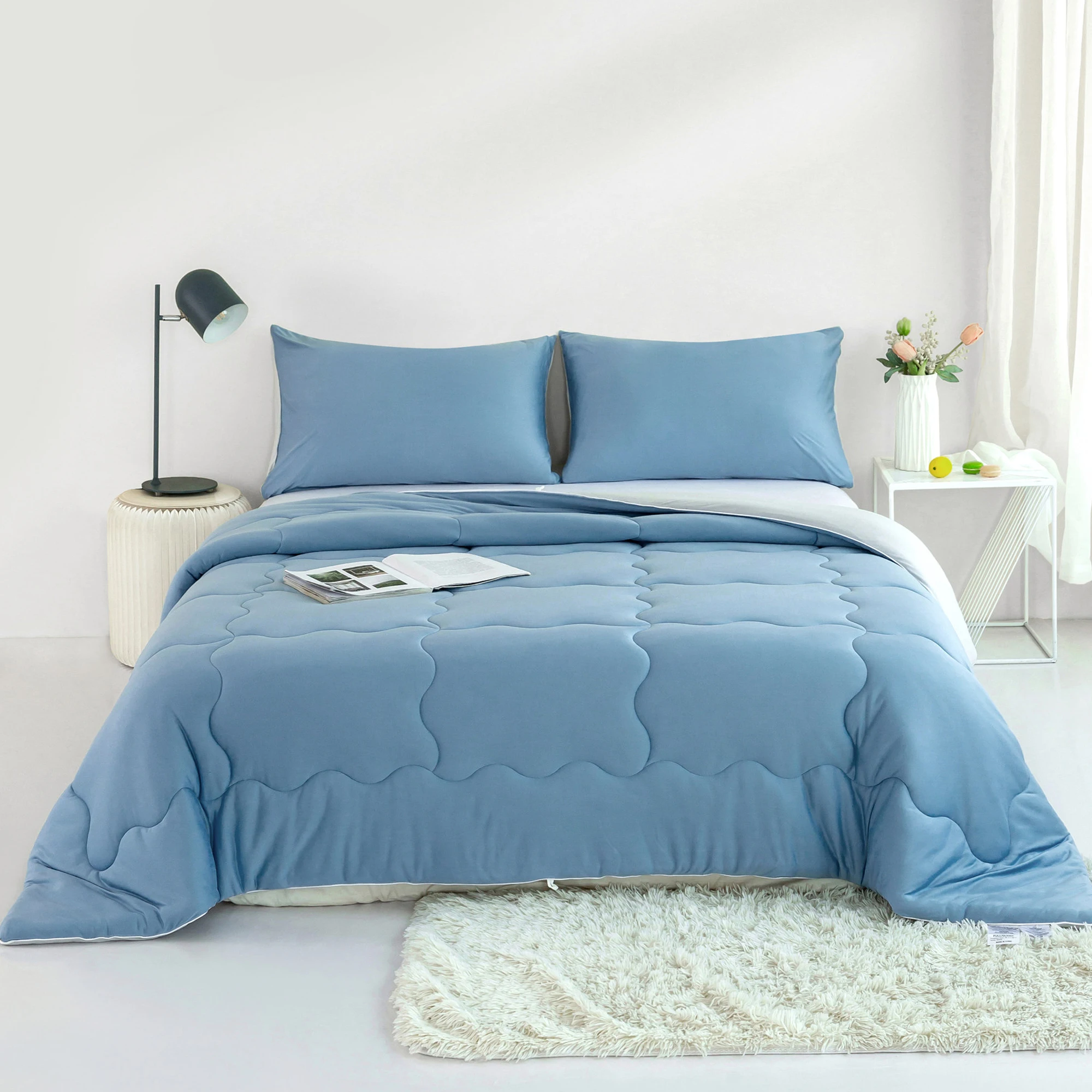 Double sided color Jersey Knit Cotton warm Bedding1 Down Alternative with 2 Pillowcase Use blue and grey QueenSize