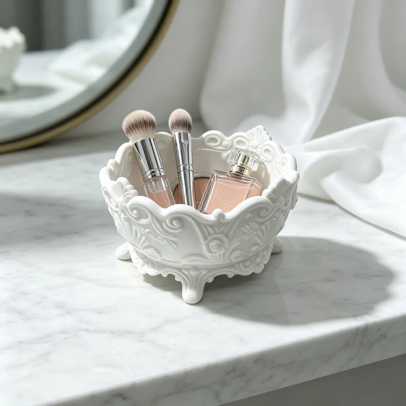 Multifunctional European-Style Floral Four-Legged Beauty Storage Bowl, Multi-Scene Decorative Cosmetic Storage Dish, Waterproof Multi-Purpose Bathroom Accessory, Suitable for Shower Rooms, Dressing Tables, Bedrooms, and Entryway Countertops, Vintage-Style Home Decor Ornament
