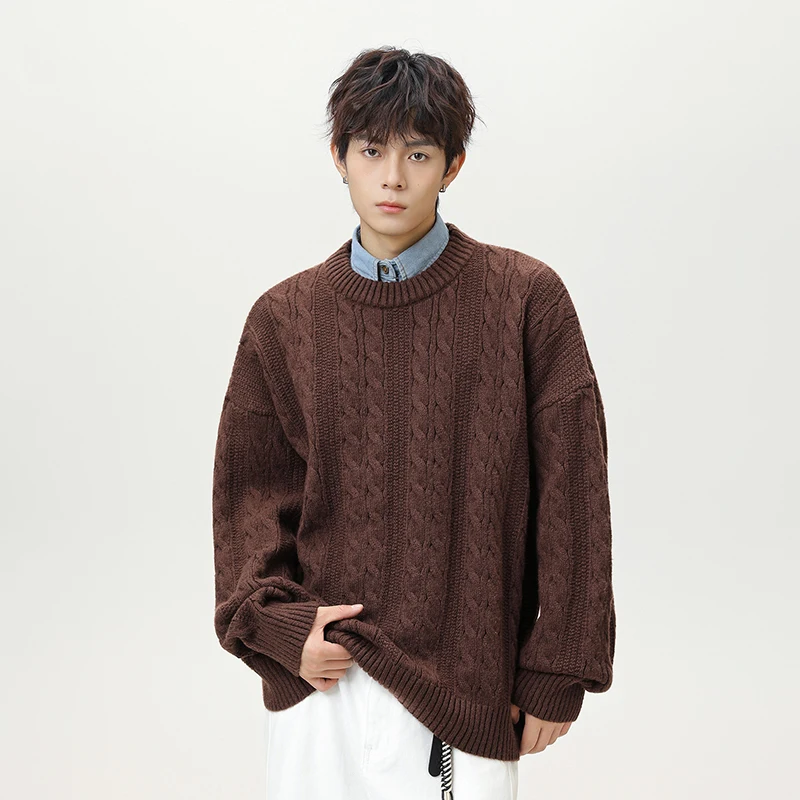 WTHT Trendy Men's Solid Color Knit Texture Keep Warm Sweater Fashion Round Collar Long Sleeves Pullover Male 2026 Spring 2A2697