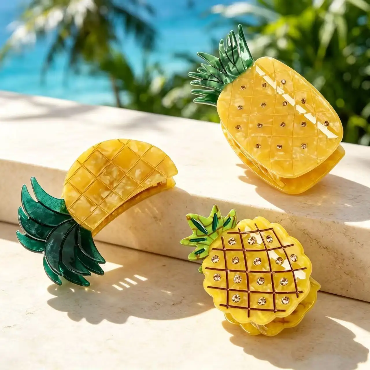 Summer Tropical Pineapple Rhinestone Acetate Shark Hair Claw Clip Cute Fruit Design Hair Grab For Women Girls Beach Party Hair A