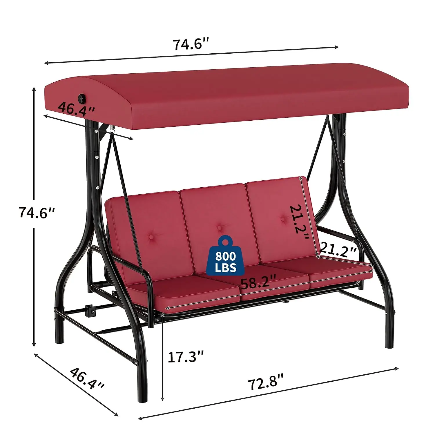 3-Seat Outdoor Patio Swing With Adjustable Canopy & Backrest, Outside Porch Converting Bed With Thickened Removable, Customized