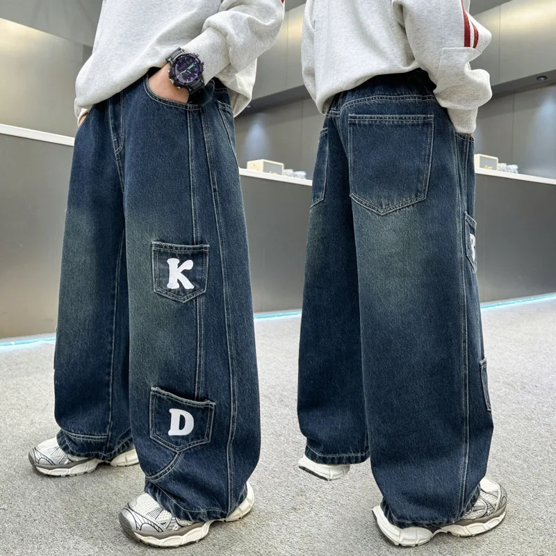 Korean Style Baggy Jeans For Kids Boys  Fashion Loose Denim Pants Teenager Luxury Casual Trousers with Pocket Letter print Autum