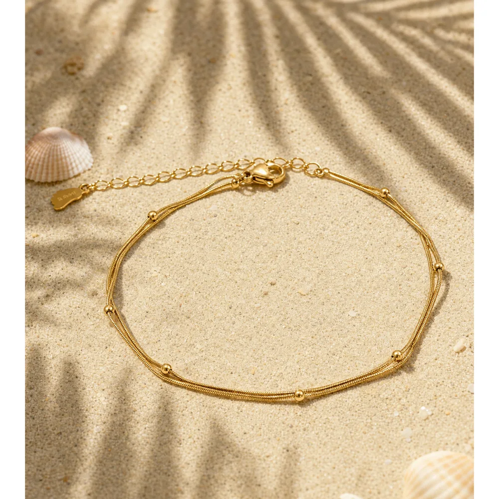 Yhpup Stainless Steel Double-Layer Chain Fashion Anklet Waterproof PVD Plated Summer Arrival Casual Lightweight Jewelry