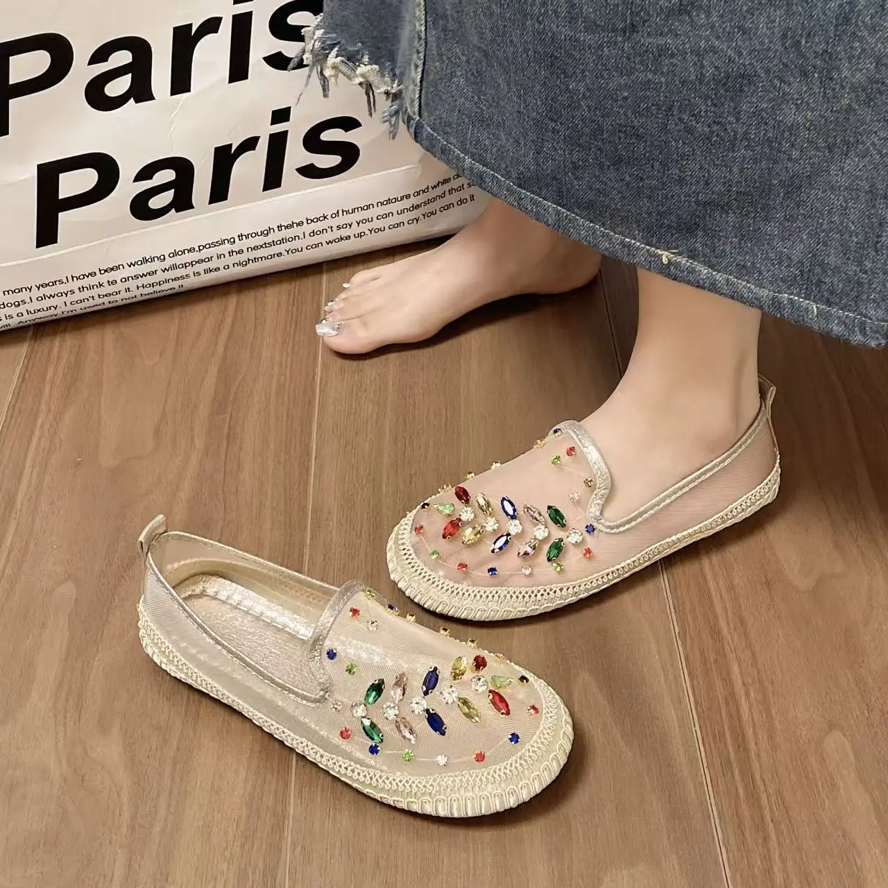 

Женские летние новые сетчатые туфли с камнями, на плоской подошве, повседневные, с круглым носком, неглубокие, легкие, без застежек, телесного цвета, мюли-полутуфли