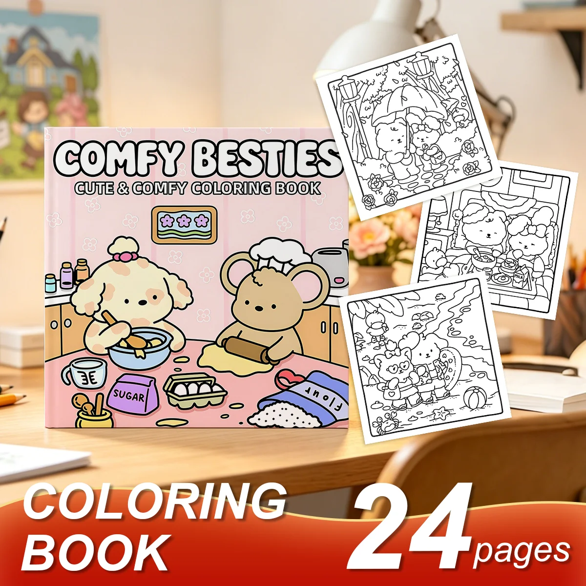 Comfy Besties Coloring Book Thick Line Warm Household Scene Stress Relief Coloring Pages For Adults Mindfulness Art Therapy Book