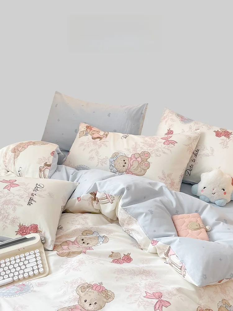 

TOTOWISH Pure Cotton Cute Teddy Three Piece Dormitory Bedding Set Skin-friendly Warm Cotton Bedding Four Piece Set