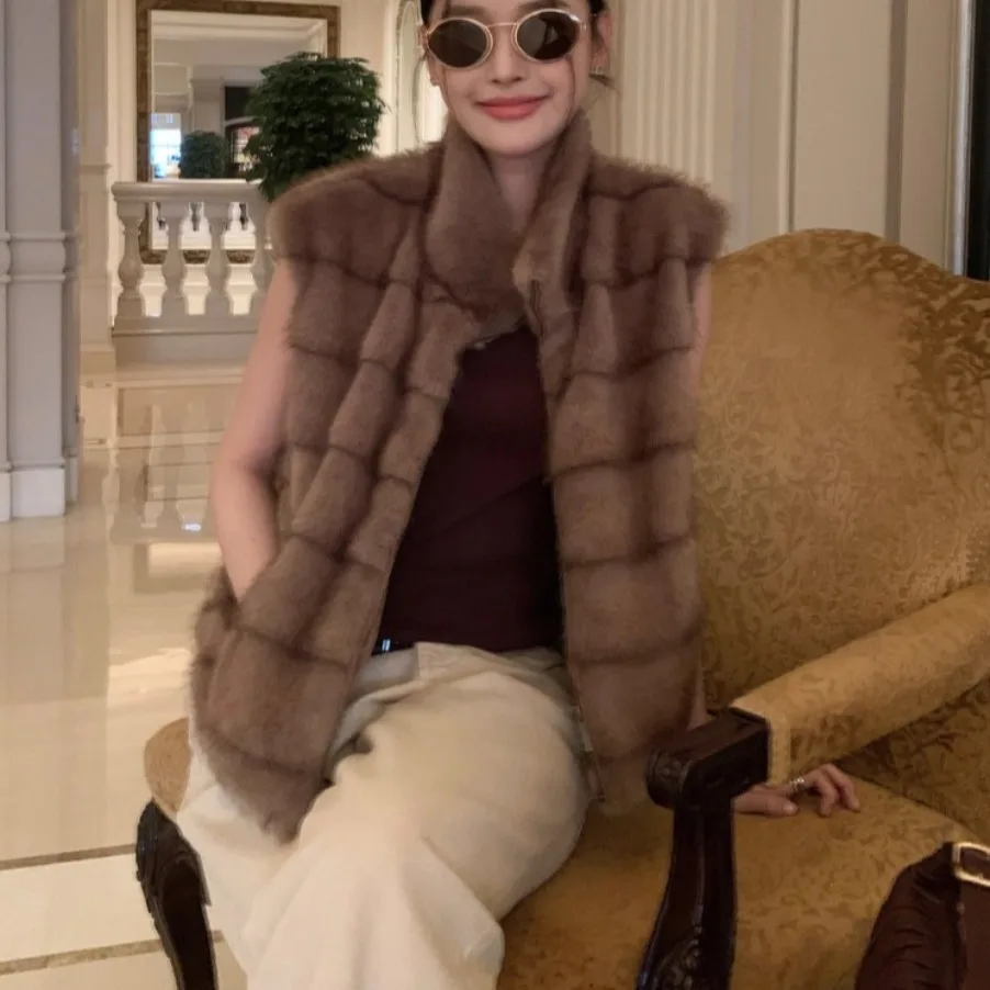 レディースジッパーファーベスト 秋冬 おしゃれ レトロスタイル 暖かいプラッシュ人工毛皮レザーコートトップ 通勤スタイル