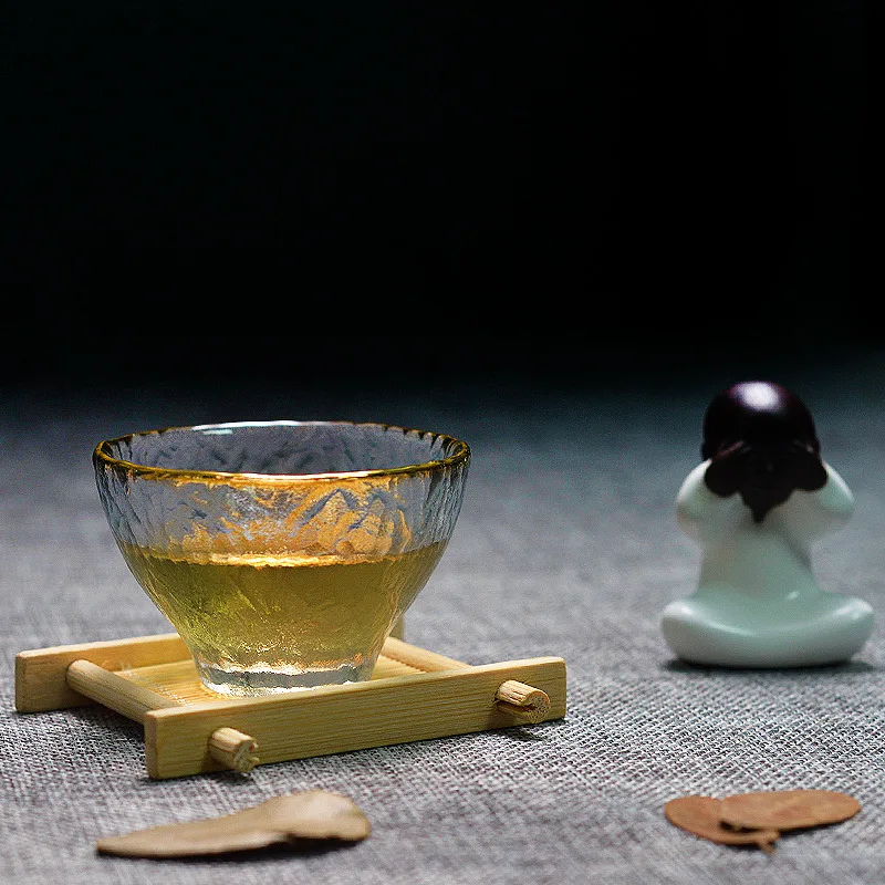 Gold Glass Tea Bowl Cup with Glod Rim, Japanese Style, Hand Hammer, Kung Fu Accessories, Green Puer Teacups, Teaware Set